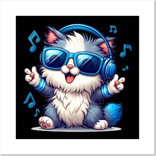 Cute cat wearing blue headphone and sunglass enjoying music Posters and Art